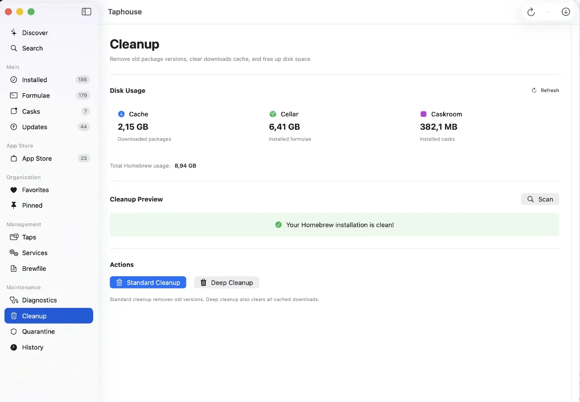 Cleanup tool showing disk usage per package