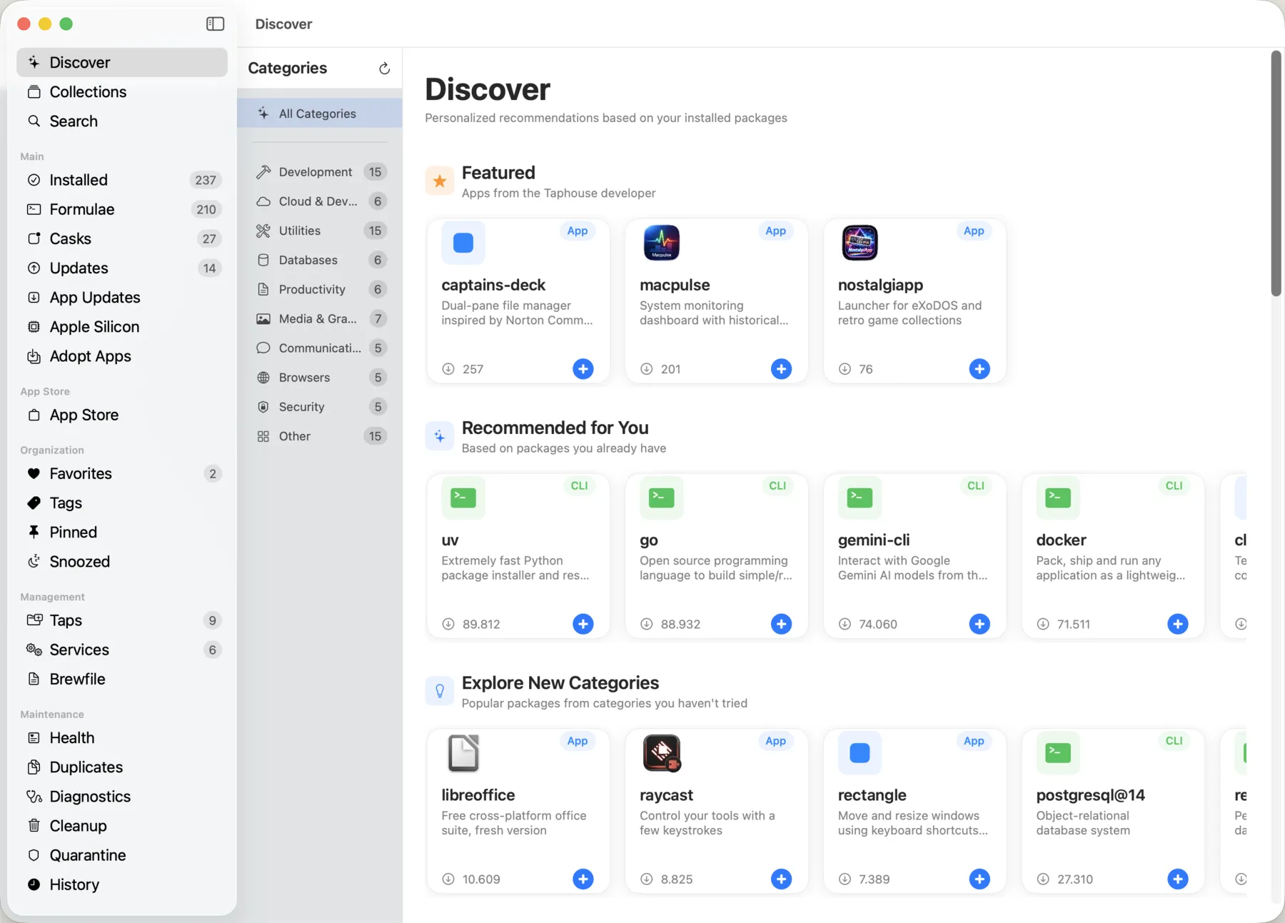 Discover view with featured and recommended Homebrew packages
