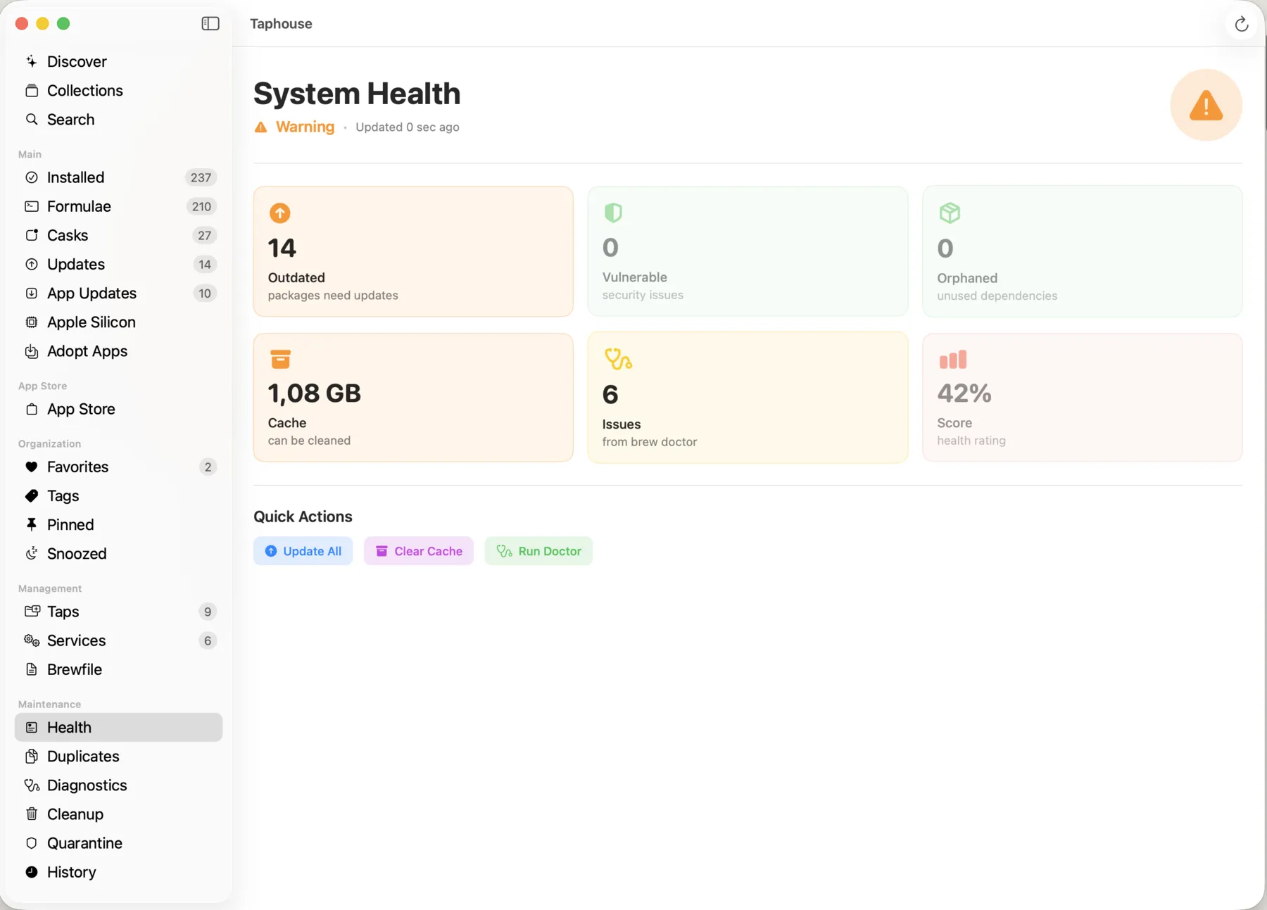 System Health dashboard — outdated, vulnerable, orphaned packages and health score