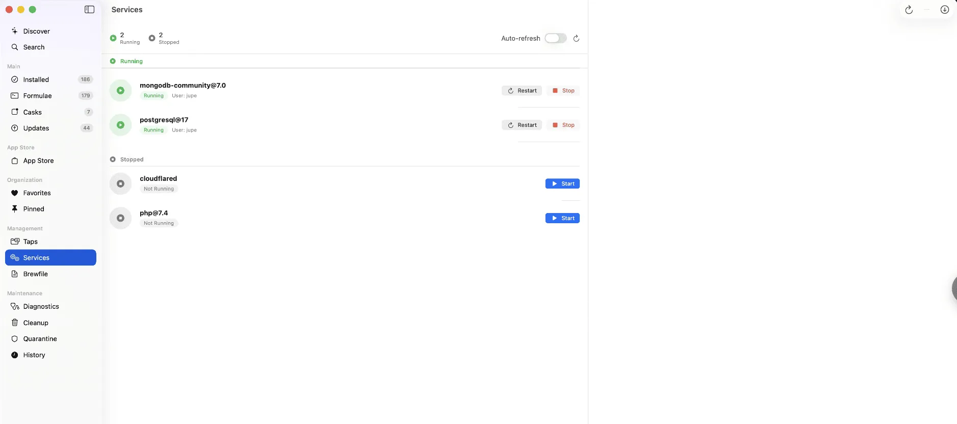 Homebrew services management view